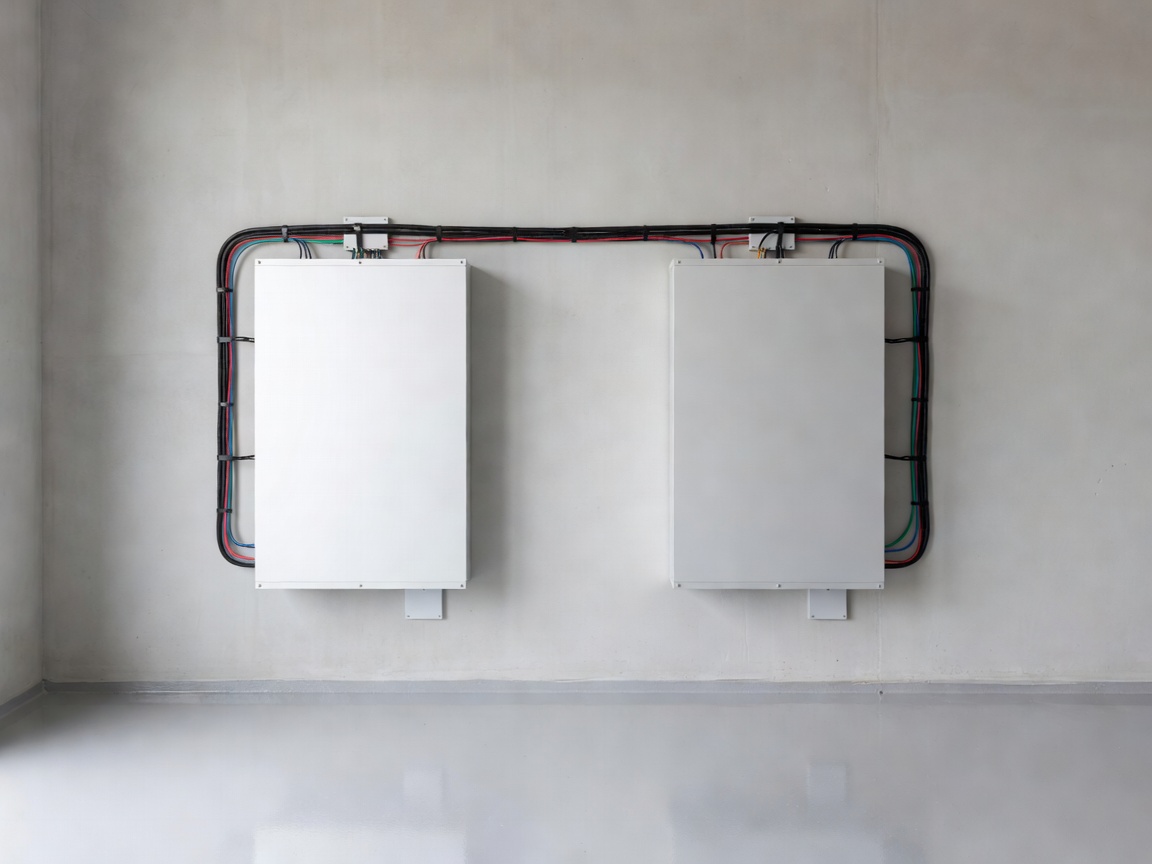 A pristine garage interior featuring two wall-mounted battery units cleanly wired.