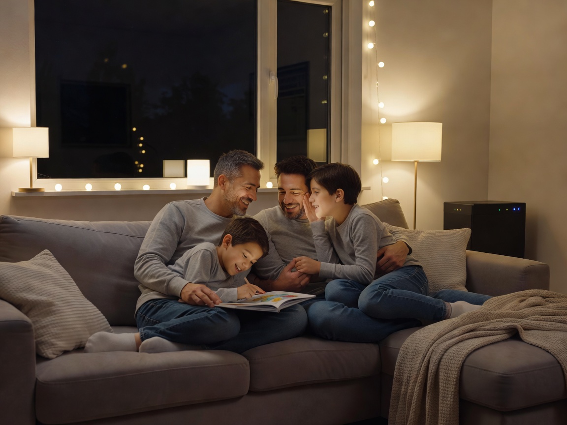 A family enjoying a brightly lit living room during a nighttime power outage, powered by solar and batteries.