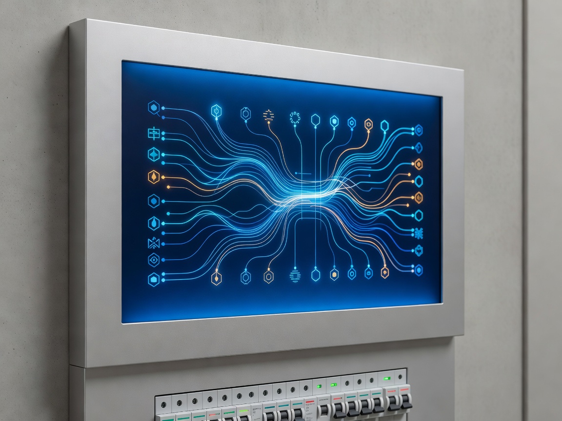 A glowing modern smart electrical panel displaying real-time power routing data.