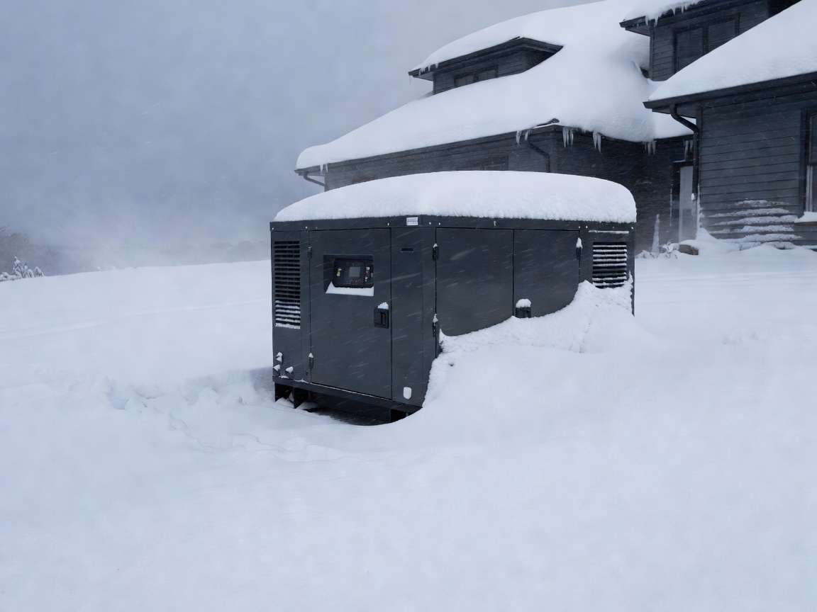 A robust standby generator sitting outside a home, surrounded by deep winter snow.